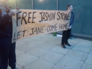 A banner was unfurled outside the custody suite, stating our demands